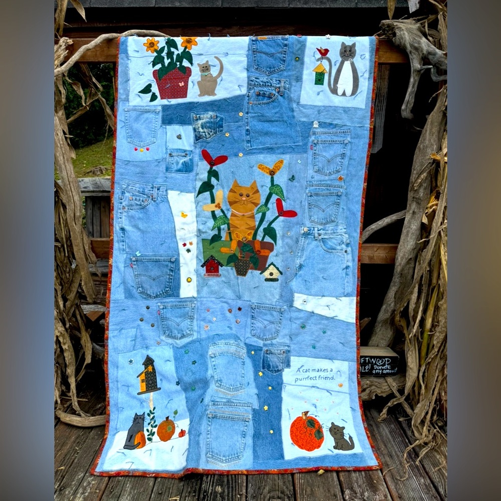 Cat & Fall Themed denim quilt